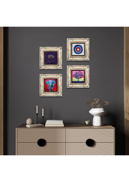 Stone Nazar, Fil, Hayat Ağacı Çerçeveli Taş Duvar Tablosu 4’lü Set - Dekoratif Modern Sanat, Ev ve Ofis Dekoru |TK4-1143|