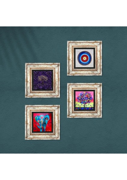 Stone Nazar, Fil, Hayat Ağacı Çerçeveli Taş Duvar Tablosu 4’lü Set - Dekoratif Modern Sanat, Ev ve Ofis Dekoru |TK4-1143| fırsatları