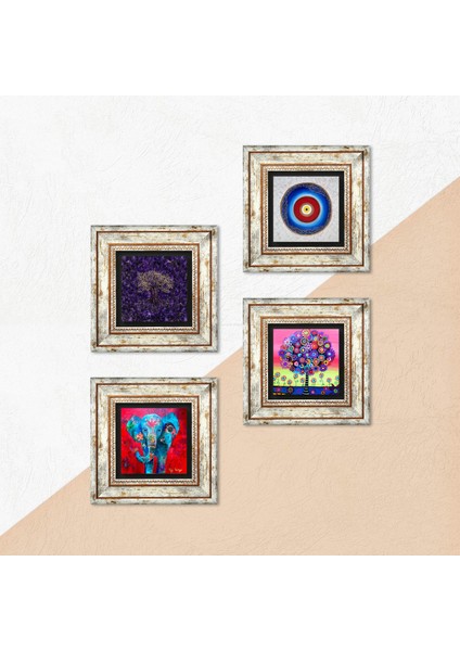 Stone Nazar, Fil, Hayat Ağacı Çerçeveli Taş Duvar Tablosu 4’lü Set - Dekoratif Modern Sanat, Ev ve Ofis Dekoru |TK4-1143| indirimleri