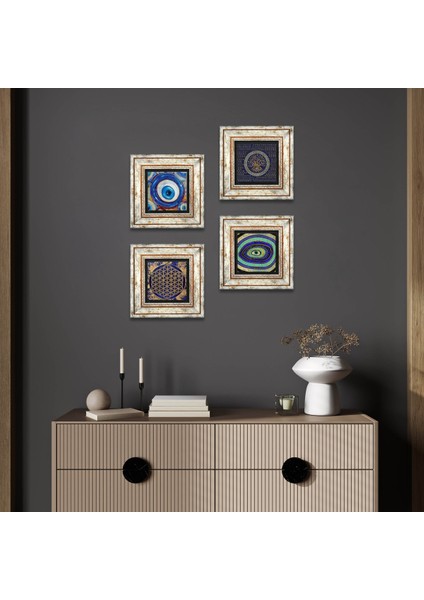 Nazar, Yaşam Çiçeği Çerçeveli Taş Duvar Tablosu 4’lü Set - Dekoratif Modern Sanat, Ev ve Ofis Dekoru |TK4-1248|