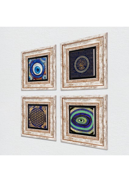 Nazar, Yaşam Çiçeği Çerçeveli Taş Duvar Tablosu 4’lü Set - Dekoratif Modern Sanat, Ev ve Ofis Dekoru |TK4-1248| fiyatları