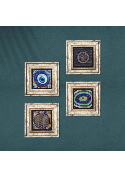 Nazar, Yaşam Çiçeği Çerçeveli Taş Duvar Tablosu 4’lü Set - Dekoratif Modern Sanat, Ev ve Ofis Dekoru |TK4-1248| fırsatları