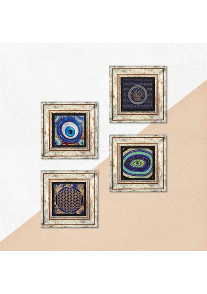 Nazar, Yaşam Çiçeği Çerçeveli Taş Duvar Tablosu 4’lü Set - Dekoratif Modern Sanat, Ev ve Ofis Dekoru |TK4-1248| indirimleri