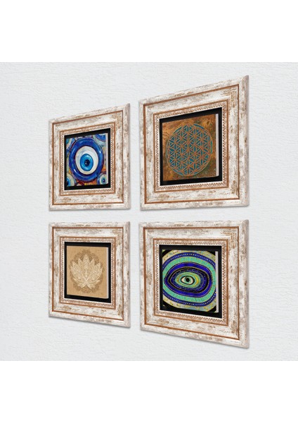 Yaşam Çiçeği, Nazar, Lotus Çiçeği Çerçeveli Taş Duvar Tablosu 4’lü Set - Dekoratif Modern Sanat, Ev ve Ofis Dekoru |TK4-1258| fiyatları