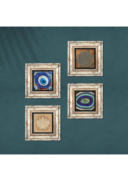 Yaşam Çiçeği, Nazar, Lotus Çiçeği Çerçeveli Taş Duvar Tablosu 4’lü Set - Dekoratif Modern Sanat, Ev ve Ofis Dekoru |TK4-1258| fırsatları