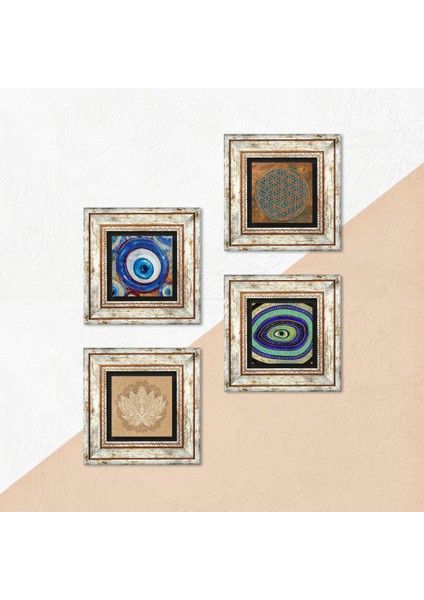 Yaşam Çiçeği, Nazar, Lotus Çiçeği Çerçeveli Taş Duvar Tablosu 4’lü Set - Dekoratif Modern Sanat, Ev ve Ofis Dekoru |TK4-1258| indirimleri