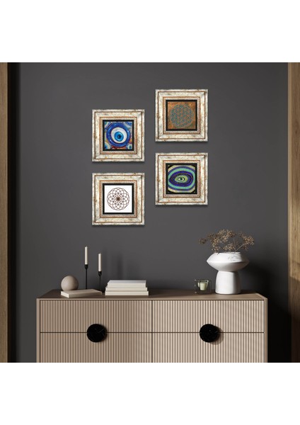 Nazar, Yaşam Çiçeği Çerçeveli Taş Duvar Tablosu 4’lü Set - Dekoratif Modern Sanat, Ev ve Ofis Dekoru |TK4-1259|