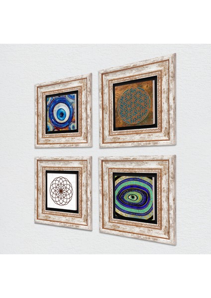Nazar, Yaşam Çiçeği Çerçeveli Taş Duvar Tablosu 4’lü Set - Dekoratif Modern Sanat, Ev ve Ofis Dekoru |TK4-1259| fiyatları