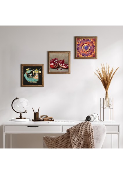 Mandala, Şahmeran, Nar Ahşap Çerçeveli Taş Duvar Tablosu 3’lü Set – 25x25 cm Dekoratif Modern Sanat – Ev ve Ofis Dekoru |W3-1011|