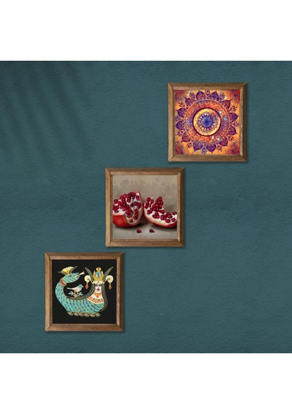 Mandala, Şahmeran, Nar Ahşap Çerçeveli Taş Duvar Tablosu 3’lü Set – 25x25 cm Dekoratif Modern Sanat – Ev ve Ofis Dekoru |W3-1011| modelleri