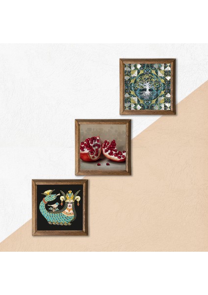 Hayat Ağacı, Şahmeran, Nar Ahşap Çerçeveli Taş Duvar Tablosu 3’lü Set – 25x25 cm Dekoratif Modern Sanat – Ev ve Ofis Dekoru |W3-1013| indirimleri