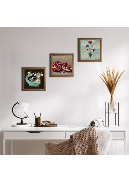 Ebru Sanatı, Şahmeran, Nar Taş Duvar Tablosu Ahşap Çerçeveli Duvar Dekoru 3 Parça Tablo Seti Wall Art W3-1015