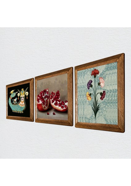 Ebru Sanatı, Şahmeran, Nar Taş Duvar Tablosu Ahşap Çerçeveli Duvar Dekoru 3 Parça Tablo Seti Wall Art W3-1015