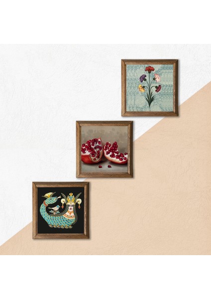 Ebru Sanatı, Şahmeran, Nar Taş Duvar Tablosu Ahşap Çerçeveli Duvar Dekoru 3 Parça Tablo Seti Wall Art W3-1015