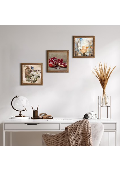 Salvador Dalí Amerika’nın Keşfi, Kelebekli Çiçek, Nar Taş Duvar Tablosu Ahşap Çerçeveli Duvar Dekoru 3 Parça Tablo Seti Wall Art W3-1120