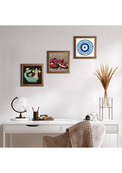 Nazar, Şahmeran, Nar Ahşap Çerçeveli Taş Duvar Tablosu 3’lü Set – 25x25 cm Dekoratif Modern Sanat – Ev ve Ofis Dekoru |W3-1017|