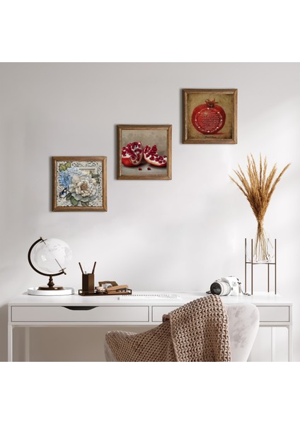 Bereket Duası, Kelebekli Çiçek, Nar Taş Duvar Tablosu Ahşap Çerçeveli Duvar Dekoru 3 Parça Tablo Seti Wall Art W3-1135