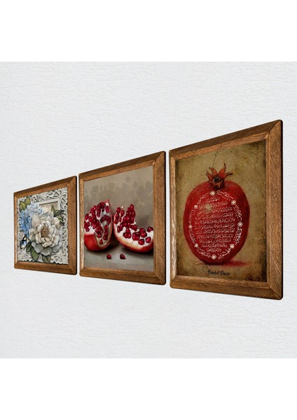 Bereket Duası, Kelebekli Çiçek, Nar Taş Duvar Tablosu Ahşap Çerçeveli Duvar Dekoru 3 Parça Tablo Seti Wall Art W3-1135