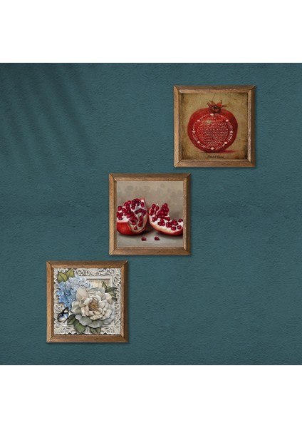 Bereket Duası, Kelebekli Çiçek, Nar Taş Duvar Tablosu Ahşap Çerçeveli Duvar Dekoru 3 Parça Tablo Seti Wall Art W3-1135