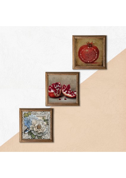 Bereket Duası, Kelebekli Çiçek, Nar Taş Duvar Tablosu Ahşap Çerçeveli Duvar Dekoru 3 Parça Tablo Seti Wall Art W3-1135