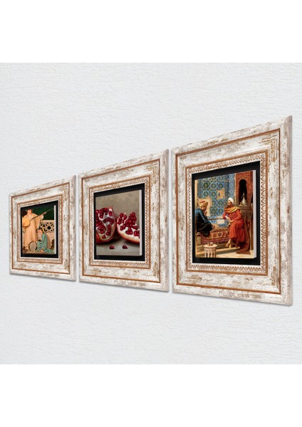 Satranç Oyunu, İki Müzisyen Kız Tablosu, Nar Taş Duvar Tablosu Çerçeveli Duvar Dekoru 3 Parça Tablo Seti Wall Art T3-1462