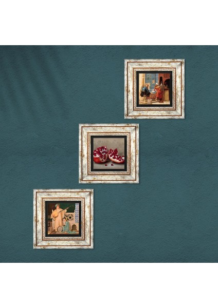 Satranç Oyunu, İki Müzisyen Kız Tablosu, Nar Taş Duvar Tablosu Çerçeveli Duvar Dekoru 3 Parça Tablo Seti Wall Art T3-1462