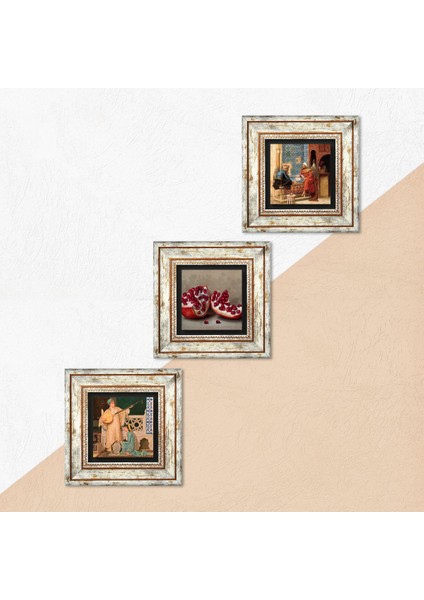 Satranç Oyunu, İki Müzisyen Kız Tablosu, Nar Taş Duvar Tablosu Çerçeveli Duvar Dekoru 3 Parça Tablo Seti Wall Art T3-1462