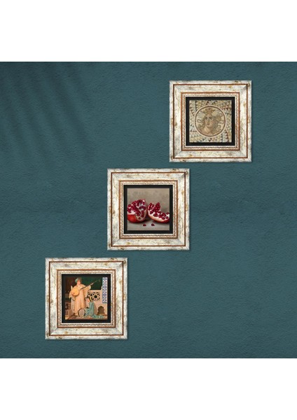 Mozaik Serisi, İki Müzisyen Kız Tablosu, Nar Taş Duvar Tablosu Çerçeveli Duvar Dekoru 3 Parça Tablo Seti Wall Art T3-1473
