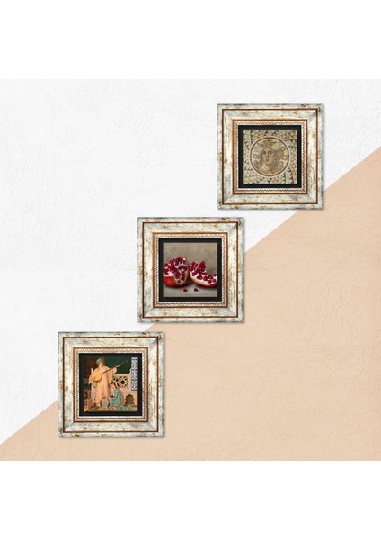 Mozaik Serisi, İki Müzisyen Kız Tablosu, Nar Taş Duvar Tablosu Çerçeveli Duvar Dekoru 3 Parça Tablo Seti Wall Art T3-1473