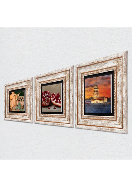 İstanbul Kız Kulesi, İki Müzisyen Kız Tablosu, Nar Taş Duvar Tablosu Çerçeveli Duvar Dekoru 3 Parça Tablo Seti Wall Art T3-1475
