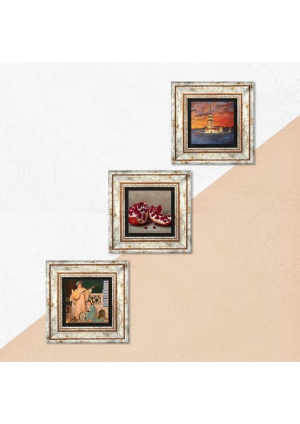 İstanbul Kız Kulesi, İki Müzisyen Kız Tablosu, Nar Taş Duvar Tablosu Çerçeveli Duvar Dekoru 3 Parça Tablo Seti Wall Art T3-1475