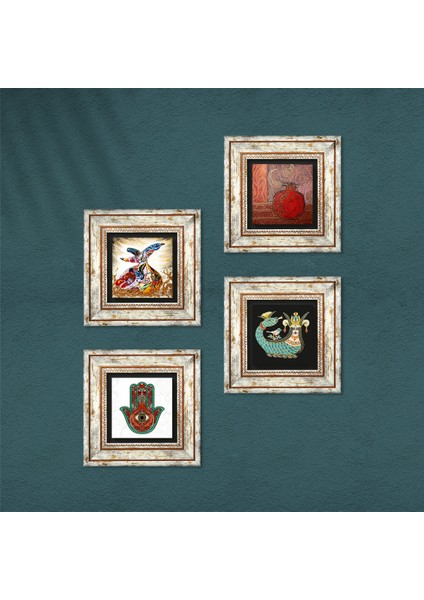 Stone Fatma Ana Eli (Hamsa), Nar, Şahmeran, Semazen Çerçeveli Taş Duvar Tablosu 4’lü Set - Dekoratif Modern Sanat, Ev ve Ofis Dekoru |TK4-111| fırsatları