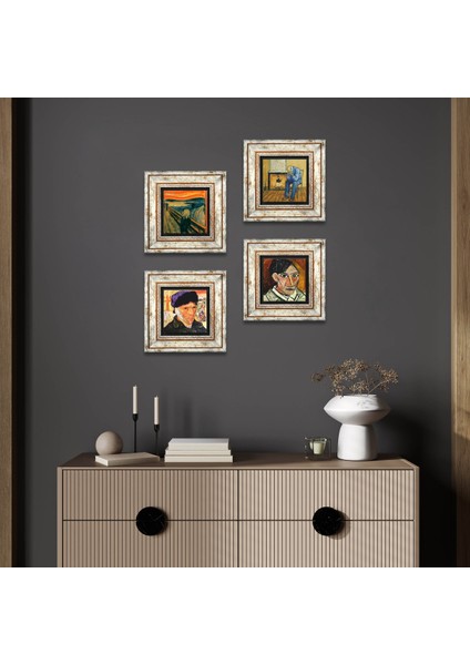 Picasso, Van Gogh, Çığlık Taş Duvar Tablosu Çerçeveli Duvar Dekoru 4 Parça Tablo Seti Wall Art T4-1118