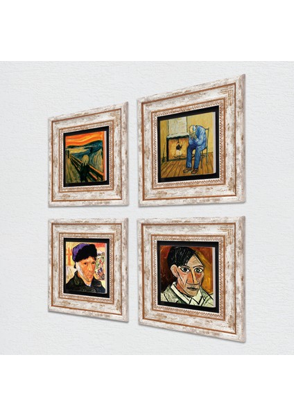 Picasso, Van Gogh, Çığlık Taş Duvar Tablosu Çerçeveli Duvar Dekoru 4 Parça Tablo Seti Wall Art T4-1118