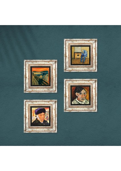 Picasso, Van Gogh, Çığlık Taş Duvar Tablosu Çerçeveli Duvar Dekoru 4 Parça Tablo Seti Wall Art T4-1118