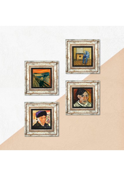 Picasso, Van Gogh, Çığlık Taş Duvar Tablosu Çerçeveli Duvar Dekoru 4 Parça Tablo Seti Wall Art T4-1118