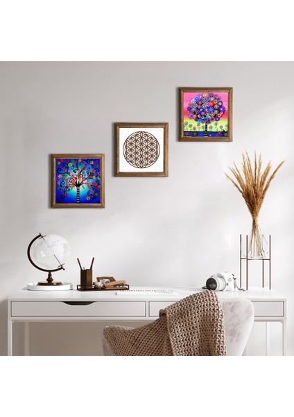 Yaşam Çiçeği, Hayat Ağacı Taş Duvar Tablosu Ahşap Çerçeveli Duvar Dekoru 3 Parça Tablo Seti Wall Art W3-340