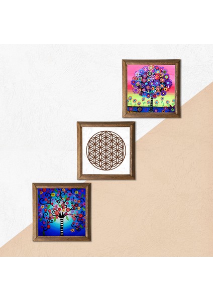 Yaşam Çiçeği, Hayat Ağacı Taş Duvar Tablosu Ahşap Çerçeveli Duvar Dekoru 3 Parça Tablo Seti Wall Art W3-340