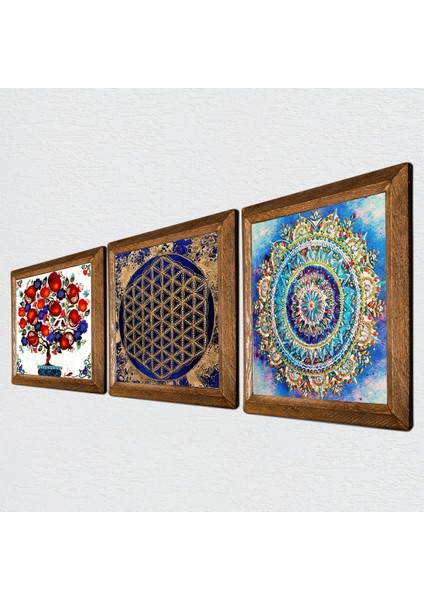 Mandala, Yaşam Çiçeği, Nar Ağacı Taş Duvar Tablosu Ahşap Çerçeveli Duvar Dekoru 3 Parça Tablo Seti Wall Art W3-343 fiyatları