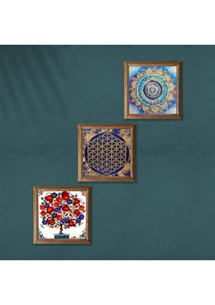 Mandala, Yaşam Çiçeği, Nar Ağacı Taş Duvar Tablosu Ahşap Çerçeveli Duvar Dekoru 3 Parça Tablo Seti Wall Art W3-343 modelleri