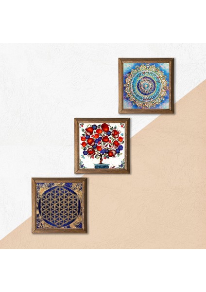 Mandala, Yaşam Çiçeği, Nar Ağacı Taş Duvar Tablosu Ahşap Çerçeveli Duvar Dekoru 3 Parça Tablo Seti Wall Art W3-343 indirimleri