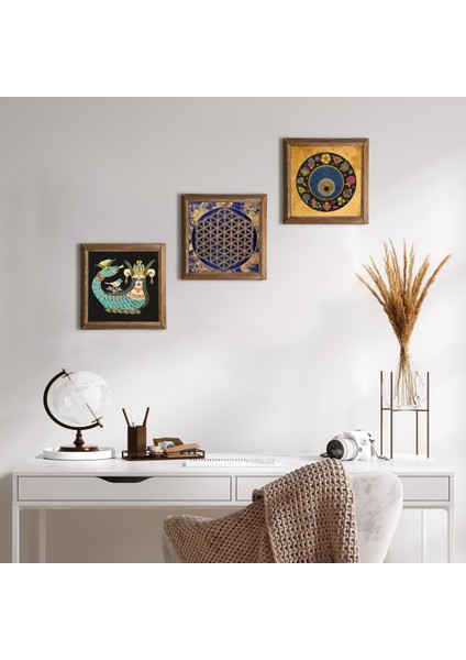 Yaşam Çiçeği, Nazar Boncuğu, Şahmeran Ahşap Çerçeveli Taş Duvar Tablosu 3’lü Set – 25x25 cm Dekoratif Modern Sanat – Ev ve Ofis Dekoru |W3-357|