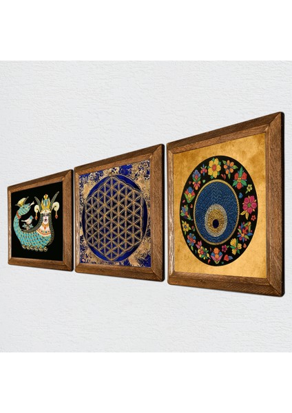 Yaşam Çiçeği, Nazar Boncuğu, Şahmeran Ahşap Çerçeveli Taş Duvar Tablosu 3’lü Set – 25x25 cm Dekoratif Modern Sanat – Ev ve Ofis Dekoru |W3-357| fiyatları