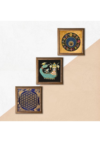 Yaşam Çiçeği, Nazar Boncuğu, Şahmeran Ahşap Çerçeveli Taş Duvar Tablosu 3’lü Set – 25x25 cm Dekoratif Modern Sanat – Ev ve Ofis Dekoru |W3-357| indirimleri