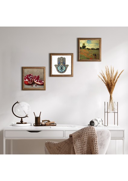 Claude Monet Gelincikler, Nar, Fatma Ana Eli (Hamsa) Ahşap Çerçeveli Taş Duvar Tablosu 3’lü Set – 25x25 cm Dekoratif Modern Sanat – Ev ve Ofis Dekoru |W3-763|