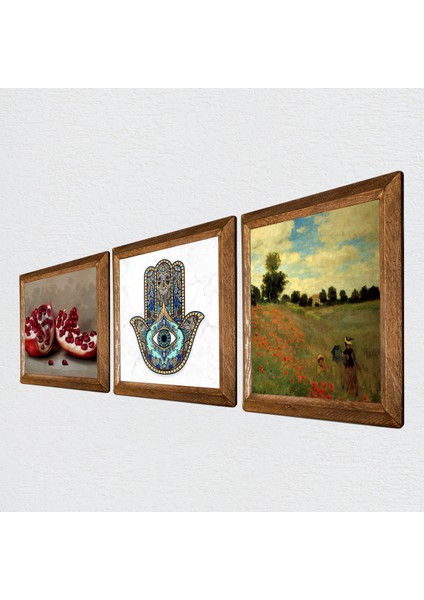Claude Monet Gelincikler, Nar, Fatma Ana Eli (Hamsa) Ahşap Çerçeveli Taş Duvar Tablosu 3’lü Set – 25x25 cm Dekoratif Modern Sanat – Ev ve Ofis Dekoru |W3-763| fiyatları