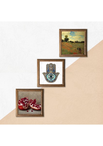 Claude Monet Gelincikler, Nar, Fatma Ana Eli (Hamsa) Ahşap Çerçeveli Taş Duvar Tablosu 3’lü Set – 25x25 cm Dekoratif Modern Sanat – Ev ve Ofis Dekoru |W3-763| indirimleri