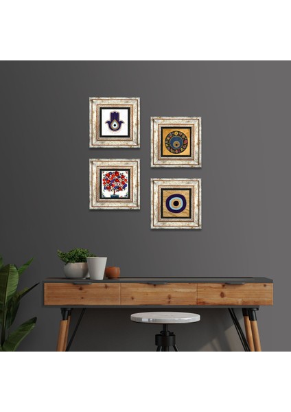 Stone Fatma Ana Eli (Hamsa), Nazar, Nar Ağacı Çerçeveli Taş Duvar Tablosu 4’lü Set - Dekoratif Modern Sanat, Ev ve Ofis Dekoru |TK4-1809|