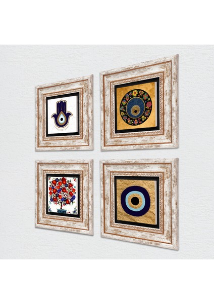 Stone Fatma Ana Eli (Hamsa), Nazar, Nar Ağacı Çerçeveli Taş Duvar Tablosu 4’lü Set - Dekoratif Modern Sanat, Ev ve Ofis Dekoru |TK4-1809| fiyatları