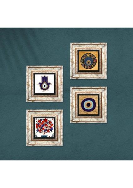 Stone Fatma Ana Eli (Hamsa), Nazar, Nar Ağacı Çerçeveli Taş Duvar Tablosu 4’lü Set - Dekoratif Modern Sanat, Ev ve Ofis Dekoru |TK4-1809| fırsatları